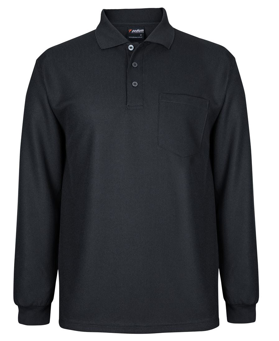 Podium L/S Waffle Pocket Polo - Black