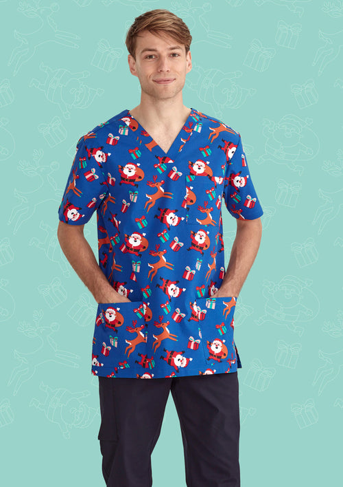 Mens Christmas V-Neck Short Sleeve Scrub Top