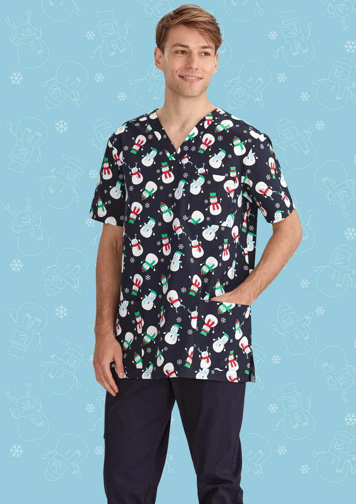 Mens Christmas V-Neck Short Sleeve Scrub Top