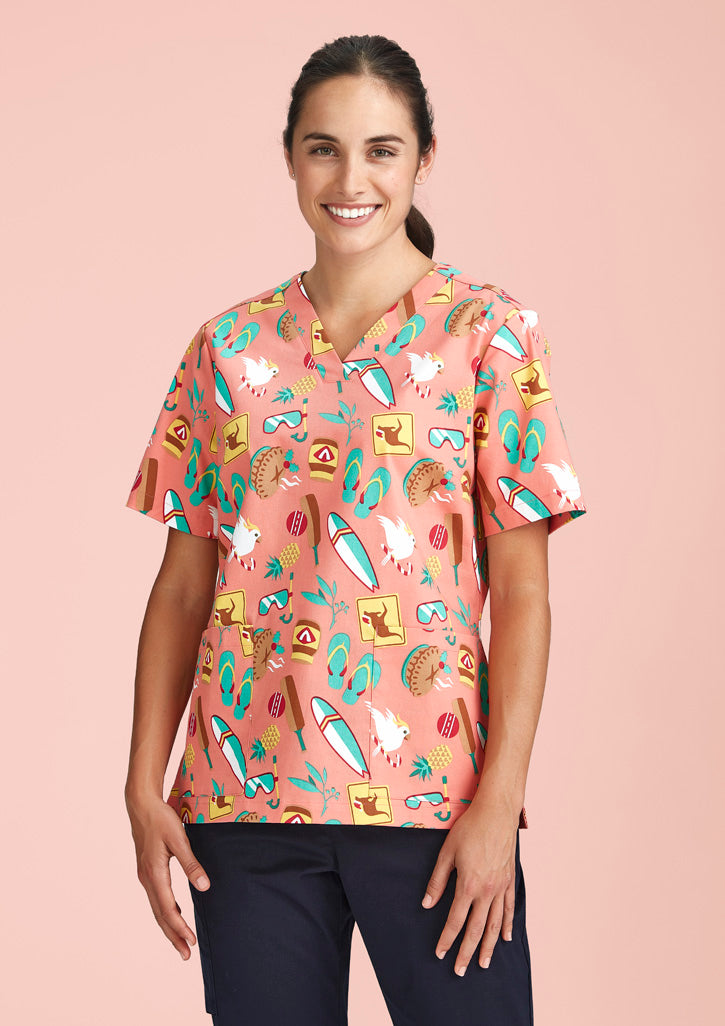 Womens Christmas Short Sleeve V-neck Scrub (Cotton)