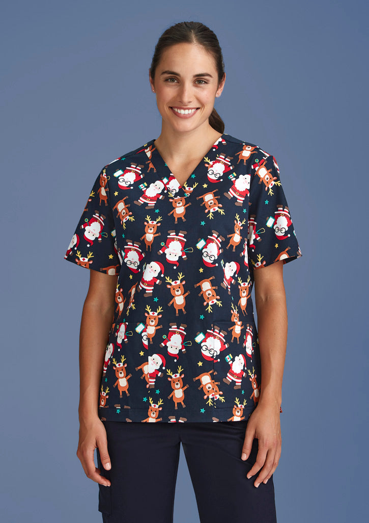 Womens Christmas Short Sleeve V-neck Scrub (Cotton)