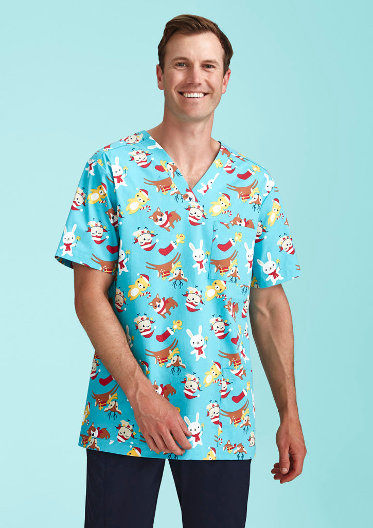 Mens Christmas Short Sleeve V-neck Scrub