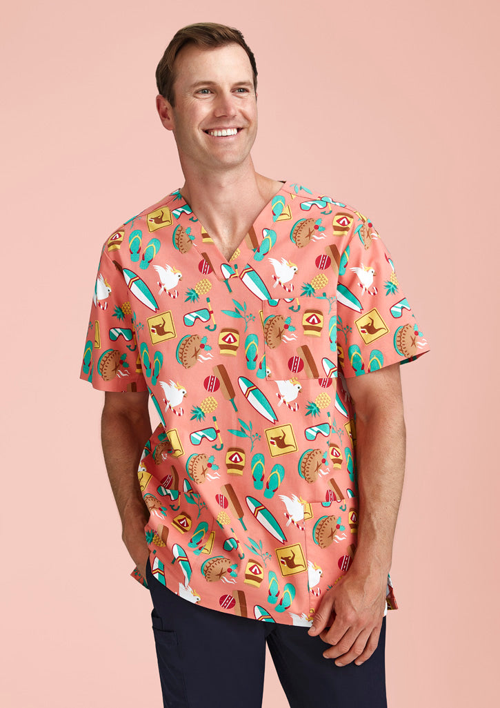 Mens Christmas Short Sleeve V-neck Scrub