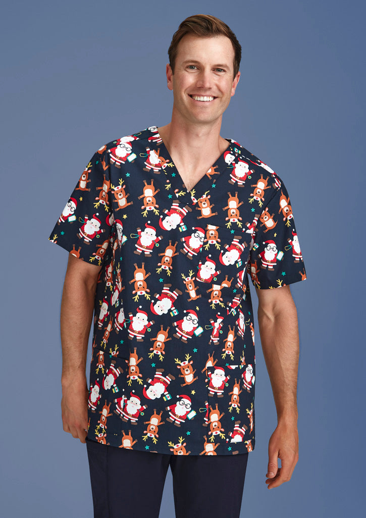 Mens Christmas Short Sleeve V-neck Scrub