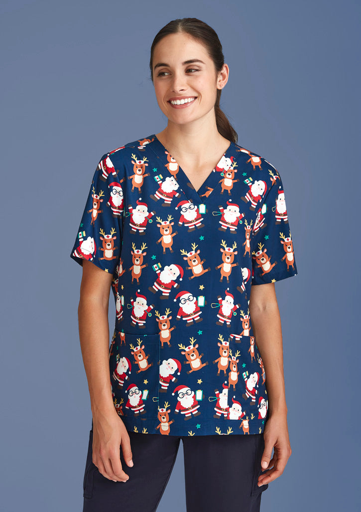 Womens Christmas Short Sleeve V-neck Scrub (Poly Stretch)